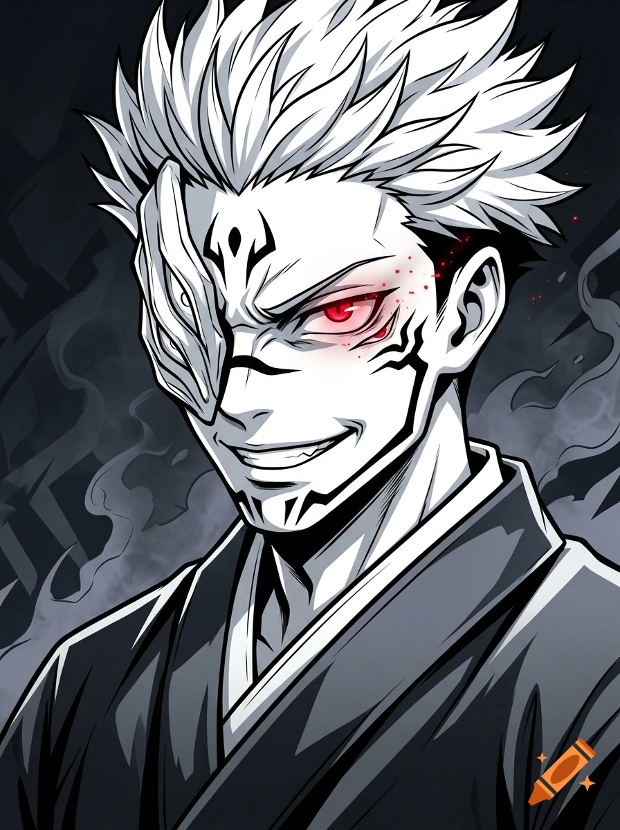 Black and white anime illustration of Sukuna with red eyes and markings on his face and body.