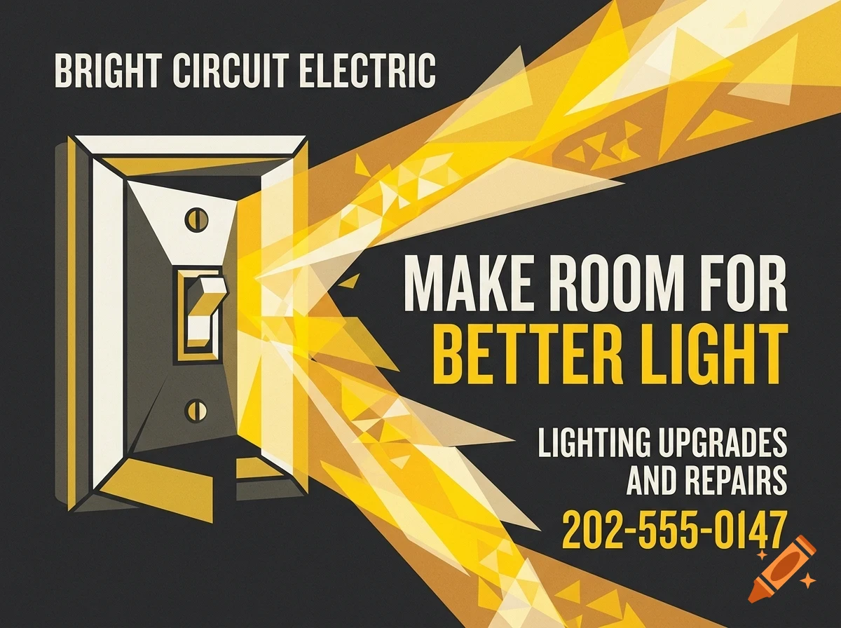 An illustration of an electric light switch emitting bright yellow rays of light, with text advertising Bright Circuit Electric.