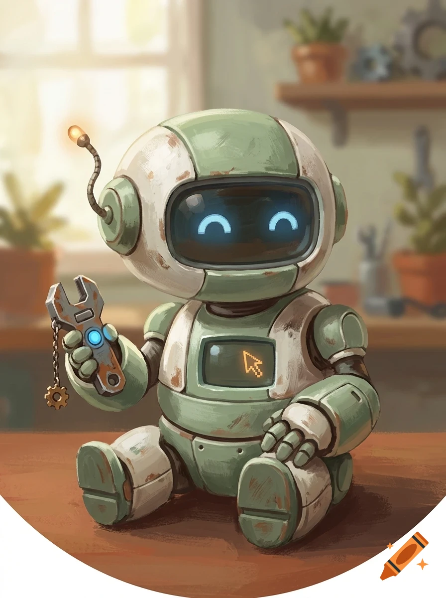A cute, weathered green and white robot with glowing blue eyes holds a rusty wrench in a workshop.