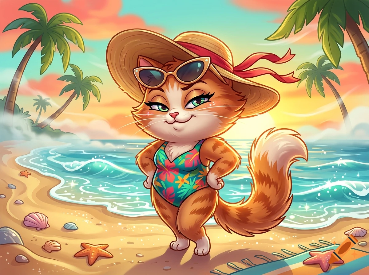 Cartoon orange tabby cat in a bikini and sun hat standing on a tropical beach at sunset.