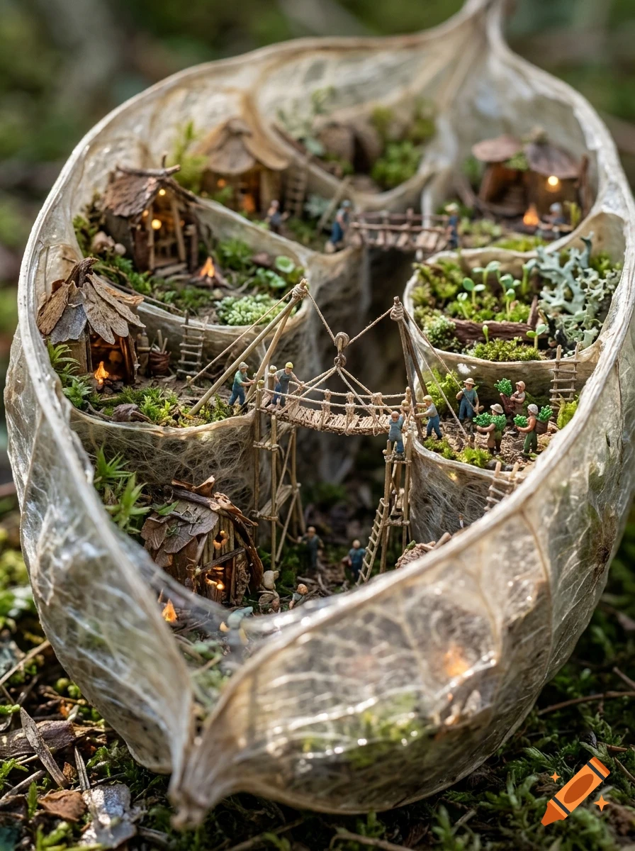 A miniature village built inside a large dried seed pod, featuring tiny huts, bridges, and miniature figures working.