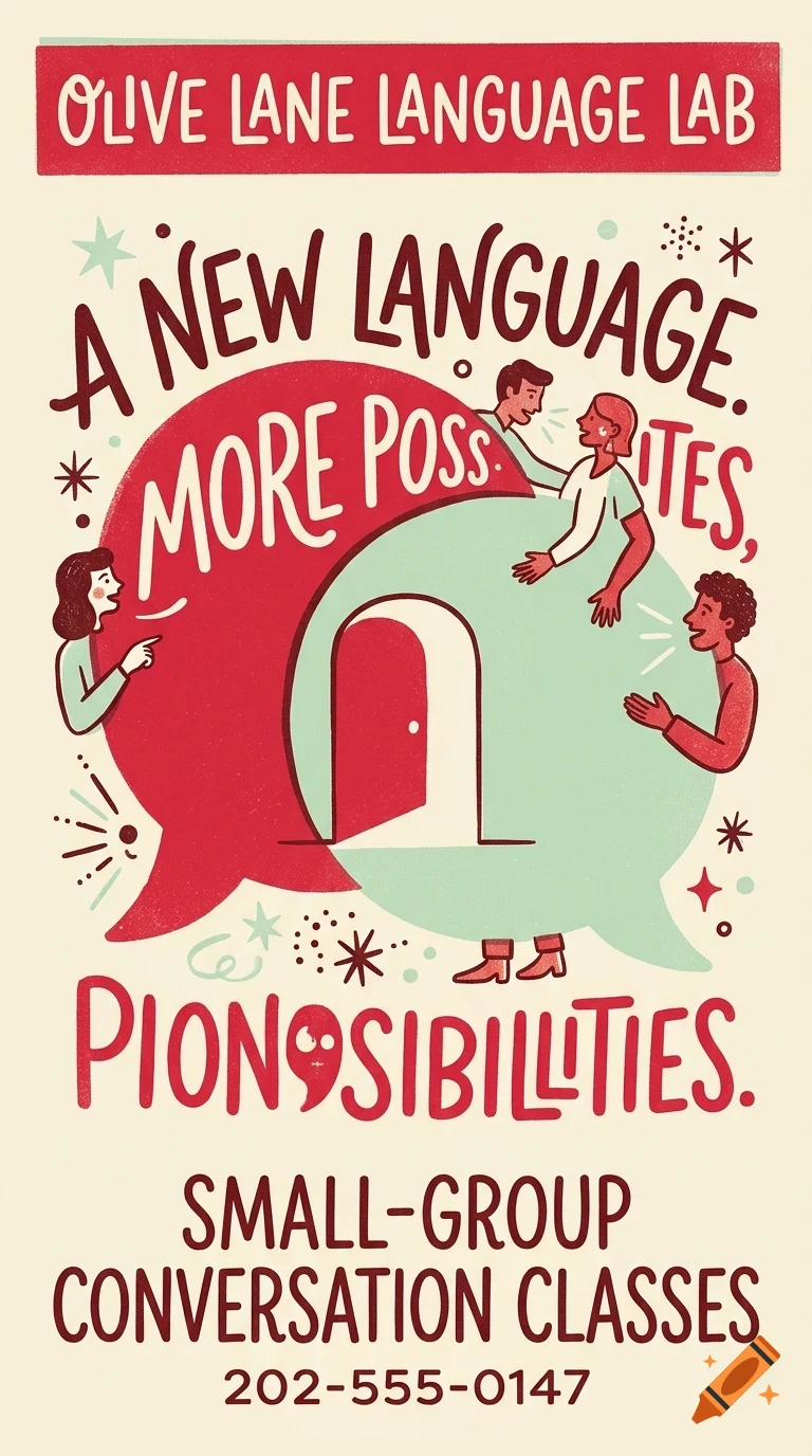 An illustrative poster for Olive Lane Language Lab featuring people talking inside speech bubbles, lettering, and a door icon.