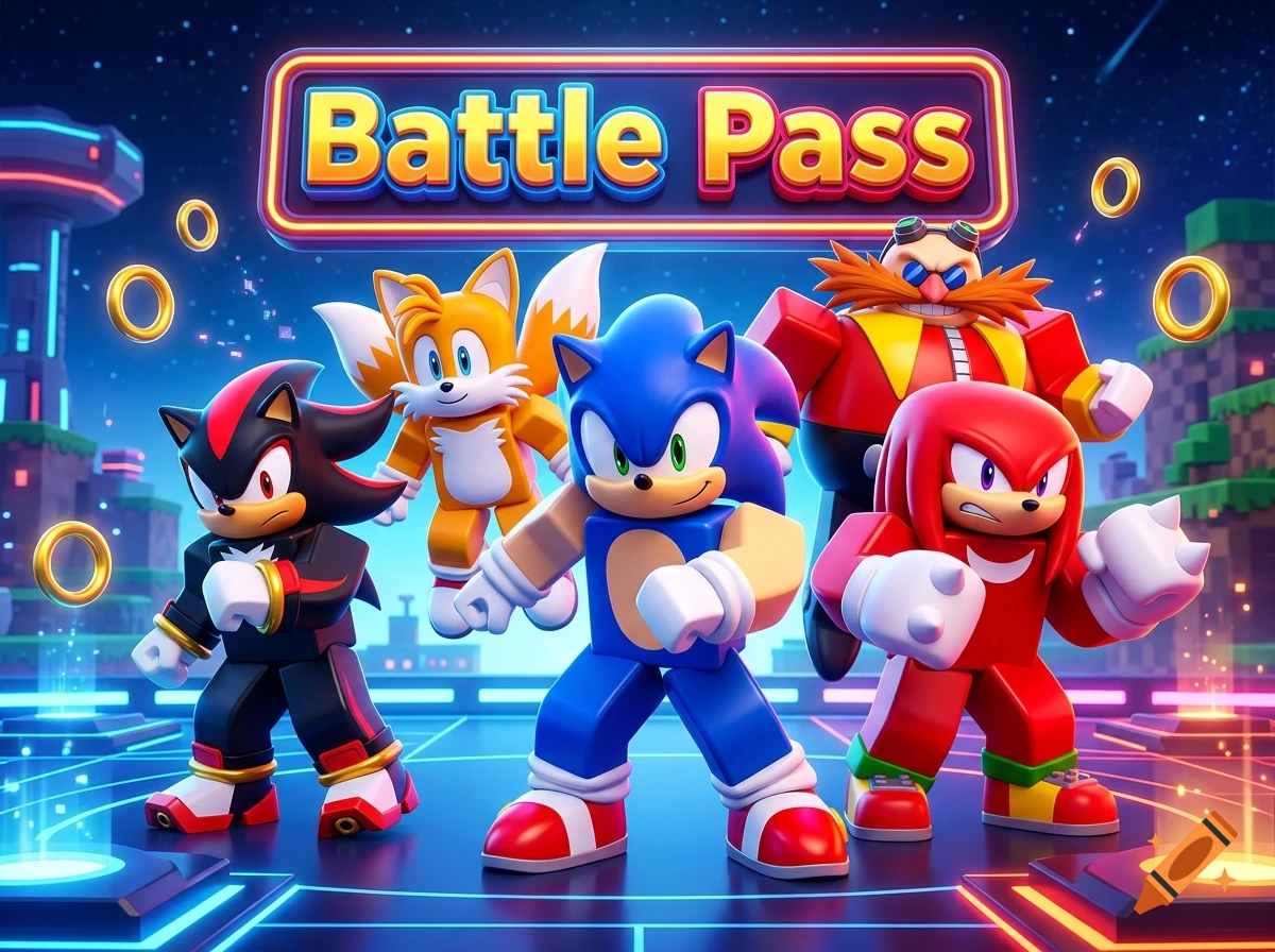 Roblox style avatars of Sonic, Tails, Shadow, Knuckles, and Dr. Robotnik standing together beneath a neon sign.
