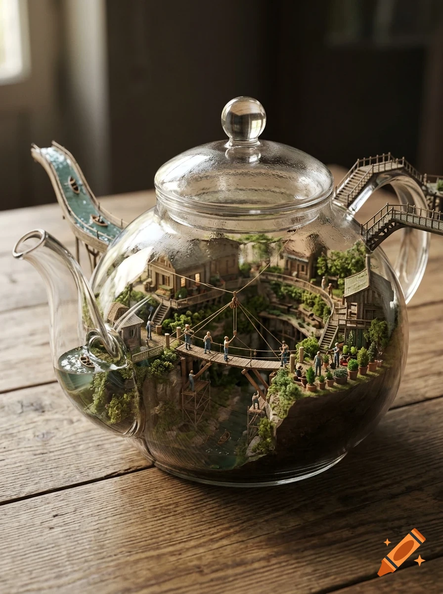 A miniature village is built inside a glass teapot sitting on a wooden table.