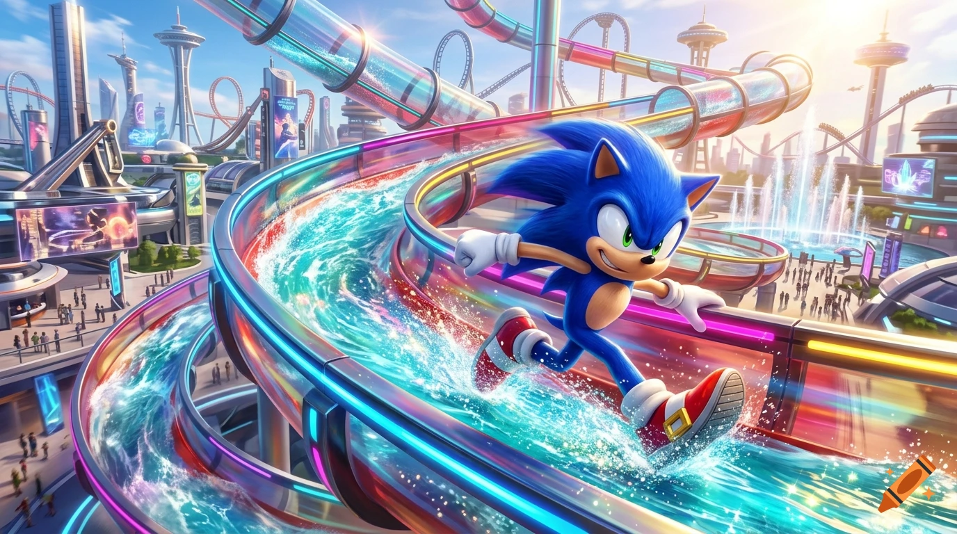 Sonic the Hedgehog running on a glowing futuristic water slide at an amusement park, digital illustration
