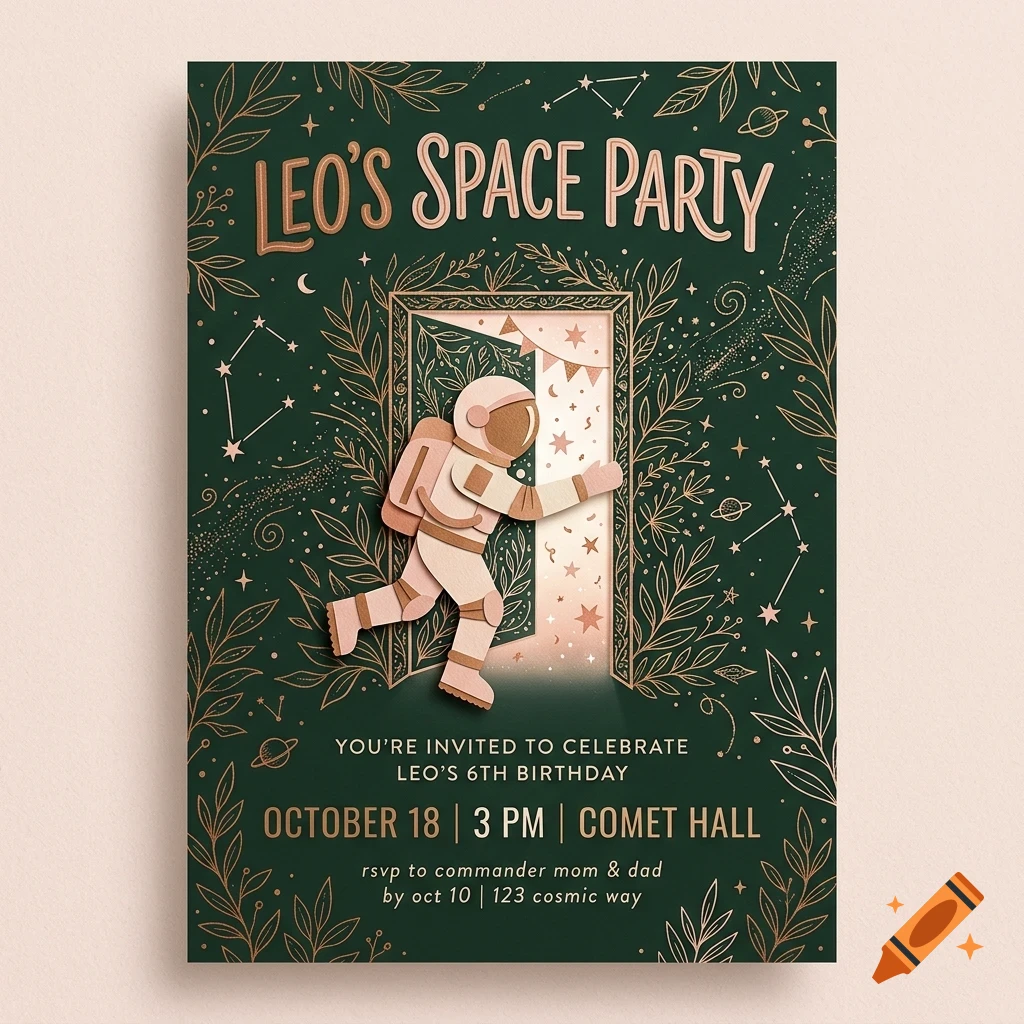 An invitation poster with green background and gold illustrations of foliage, stars, and constellations, featuring an astronaut stepping through a doorway and the text "LEO'S SPACE PARTY".