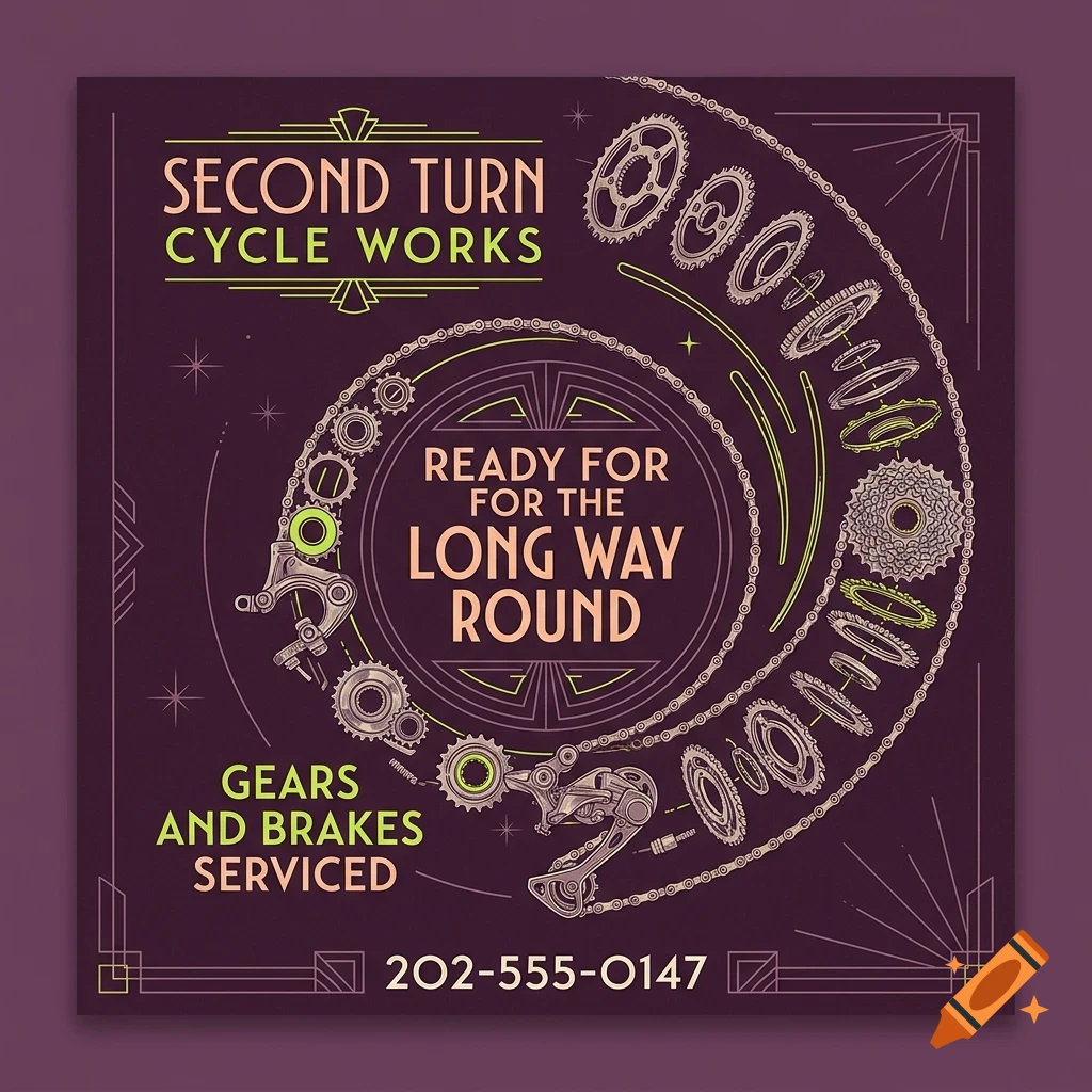An art deco style poster featuring bicycle gears, a chain, and lettering that reads Second Turn Cycle Works.