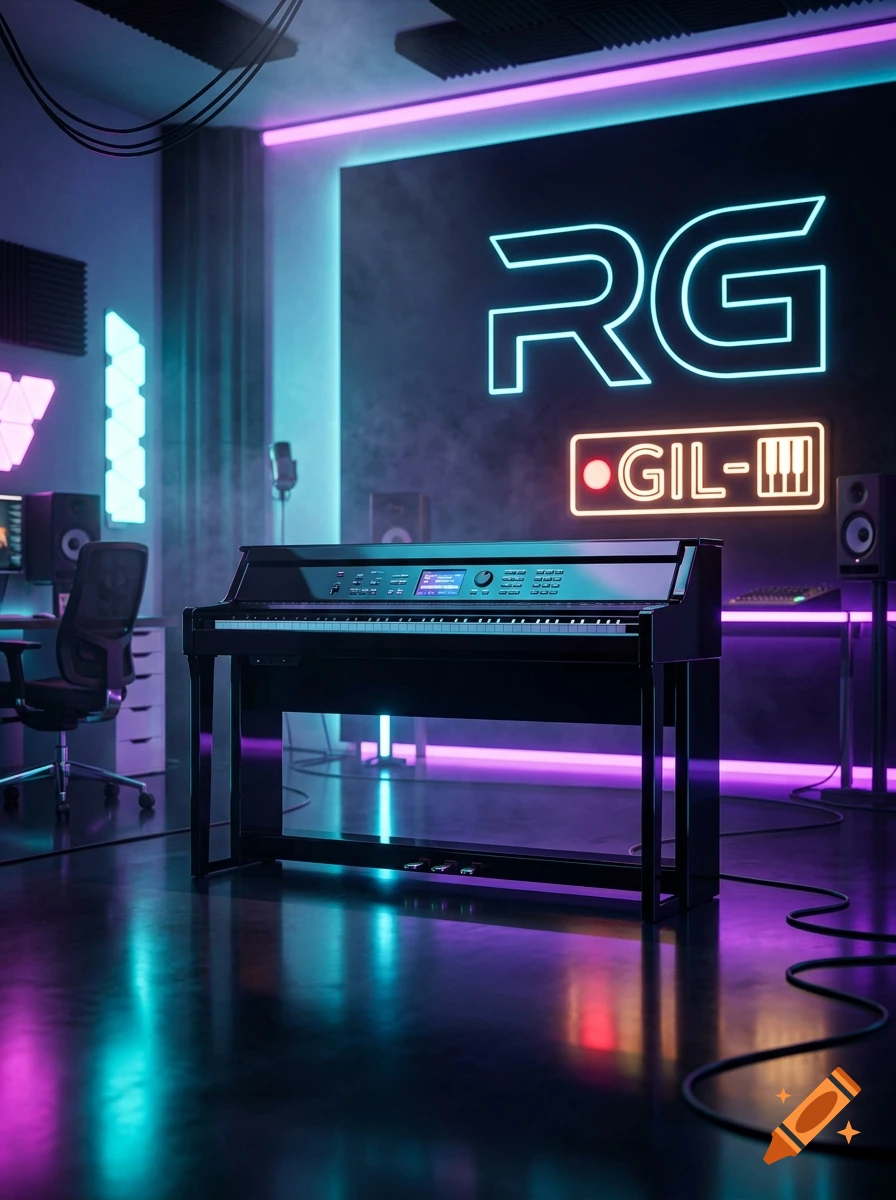 Modern black digital piano in a neon-lit studio with 'RG' and 'GIL' signs on the wall, photorealistic 3D render.