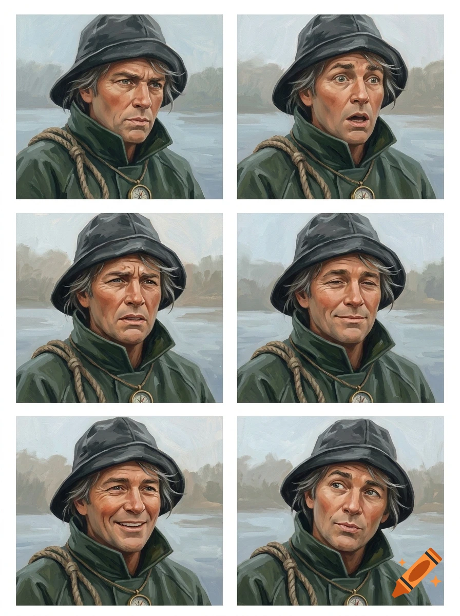Six sequential panels showing a man in a green waterproof coat and hat with different facial expressions against an outdoor background.