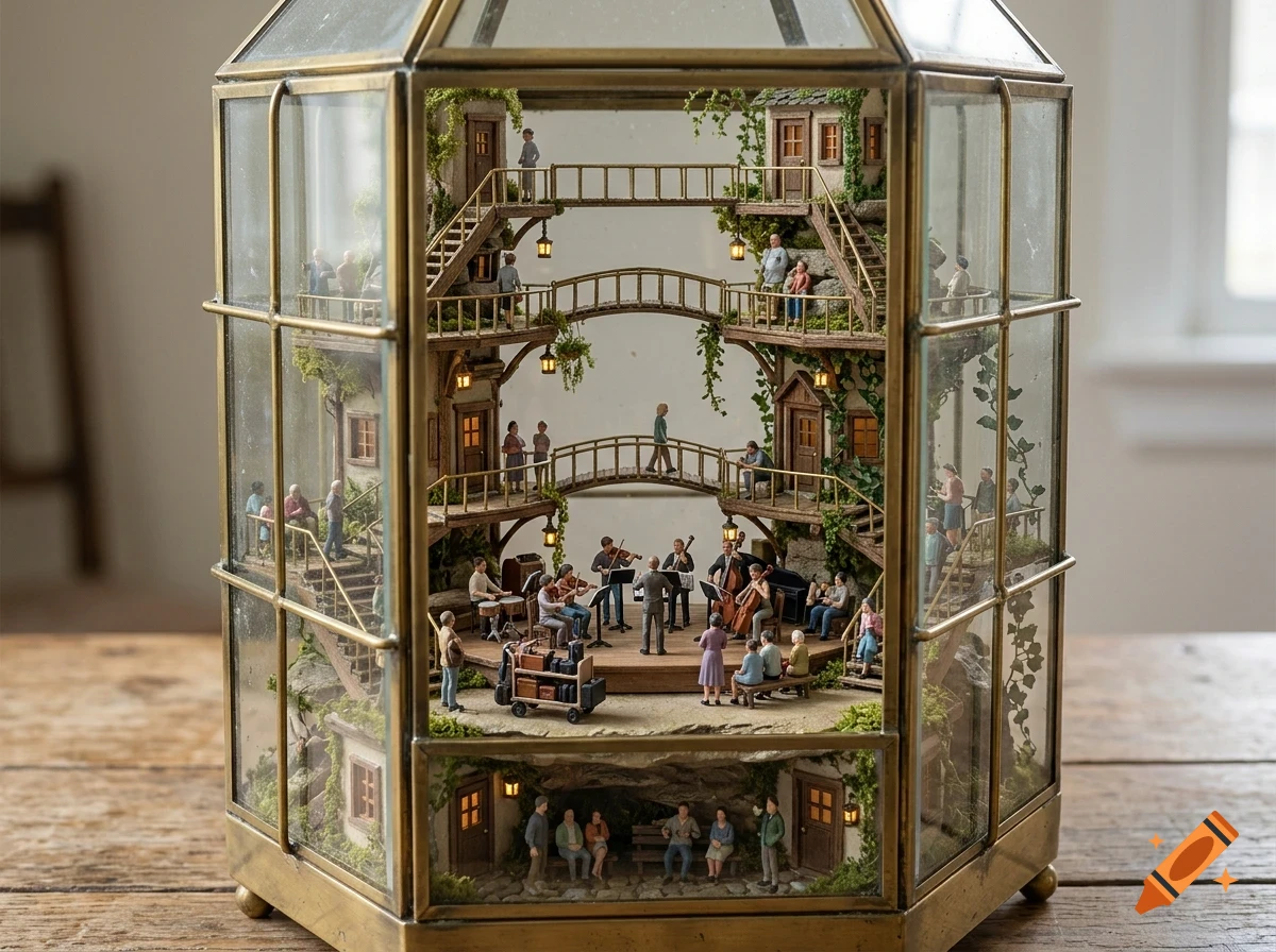 A detailed miniature diorama inside a glass and brass terrarium, featuring multi-level buildings, stairways, and tiny figures including an orchestra performing.