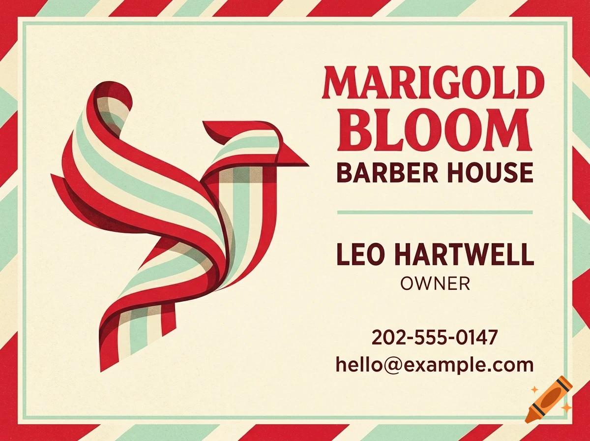 A vintage business card for Marigold Bloom Barber House with a ribbon-like bird graphic, featuring the name Leo Hartwell, owner, phone number, and email.