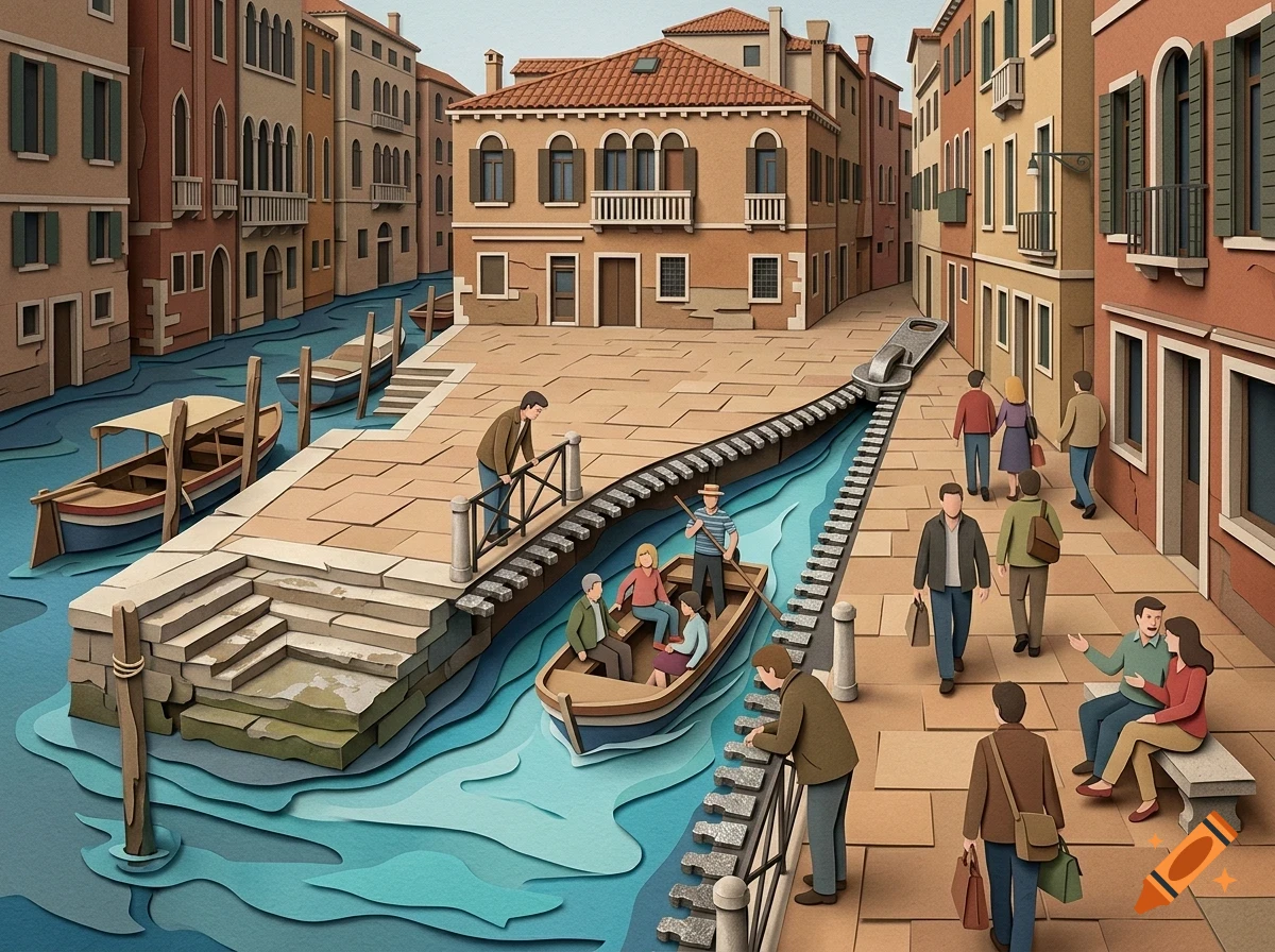 An illustration of a surreal Venetian canal scene where the stone pavement is partially unzipped with a zipper slider, revealing blue water beneath, with people walking on the streets and boats on the water.