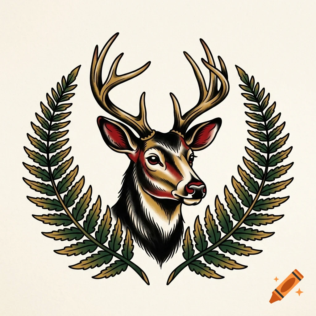 An illustrated portrait of a deer head with antlers, framed by two curving fern fronds.