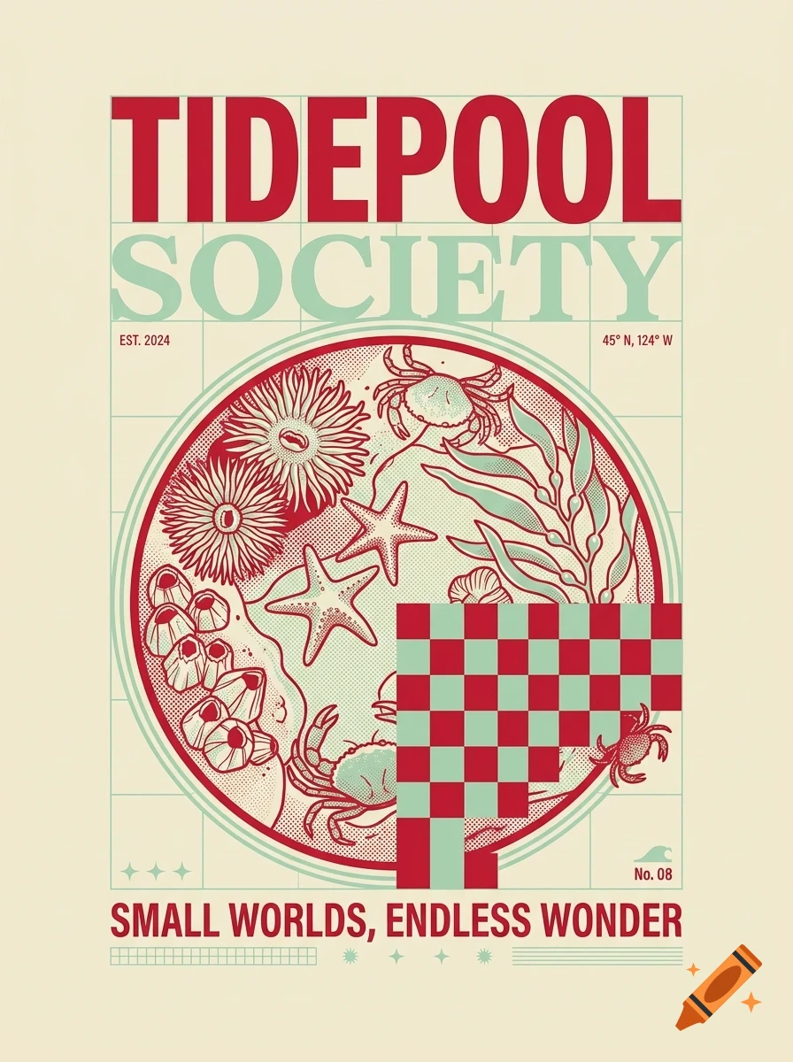 Vintage poster for Tidepool Society featuring a circular illustration of sea life like crabs, starfish, and sea anemones with a checkered pattern block.