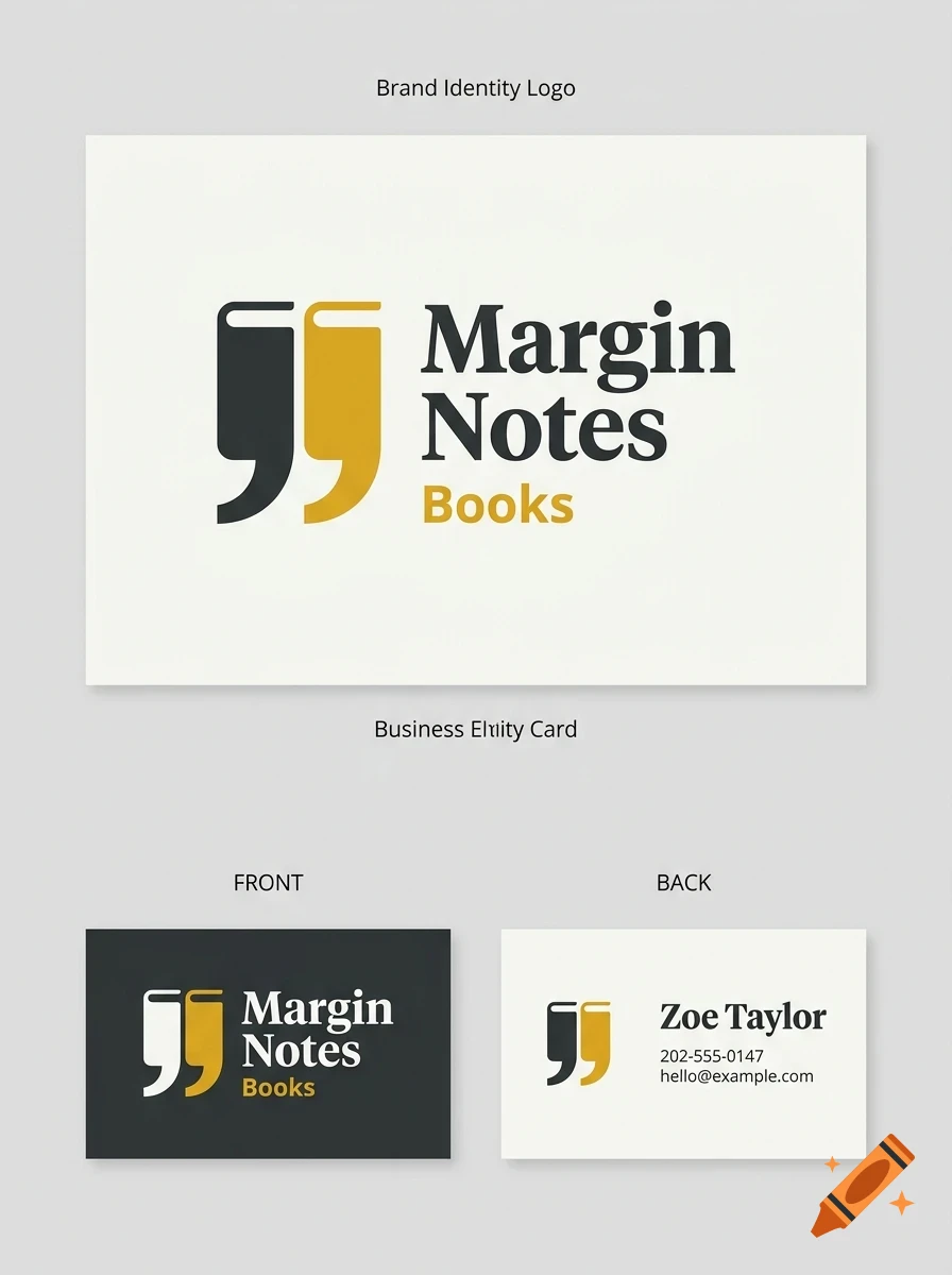 A brand identity and business card design mockup for Margin Notes Books featuring quotation mark book icons.