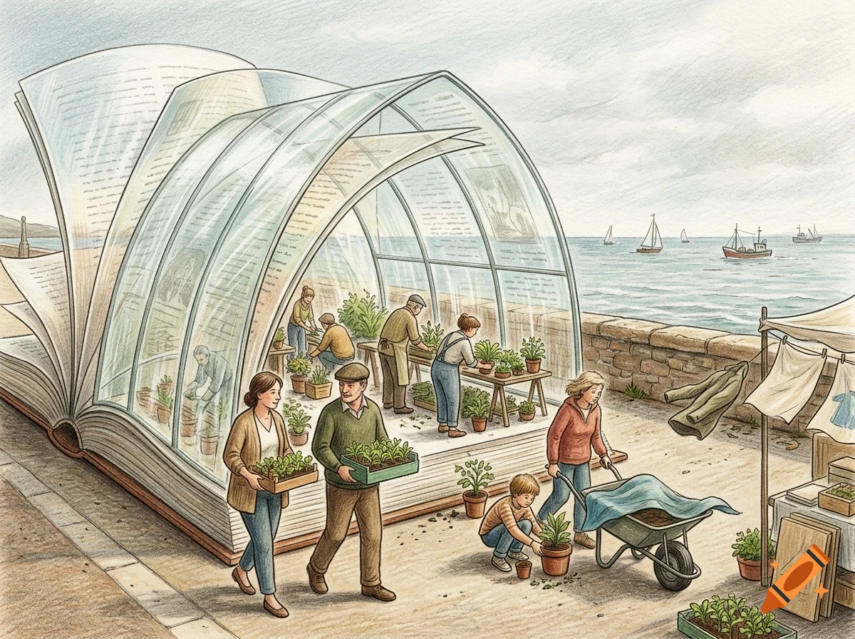 An illustrative drawing of a giant open book acting as a greenhouse by the sea, with people tending to potted plants inside and outside its pages.