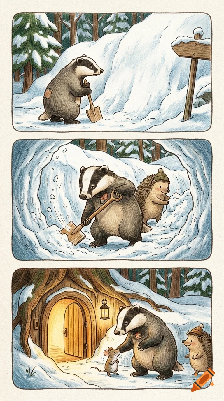 A three-panel comic illustration shows anthropomorphic animals in a snowy forest, with a badger digging snow, digging a tunnel with a hedgehog, and greeting a mouse by a lit tree home.