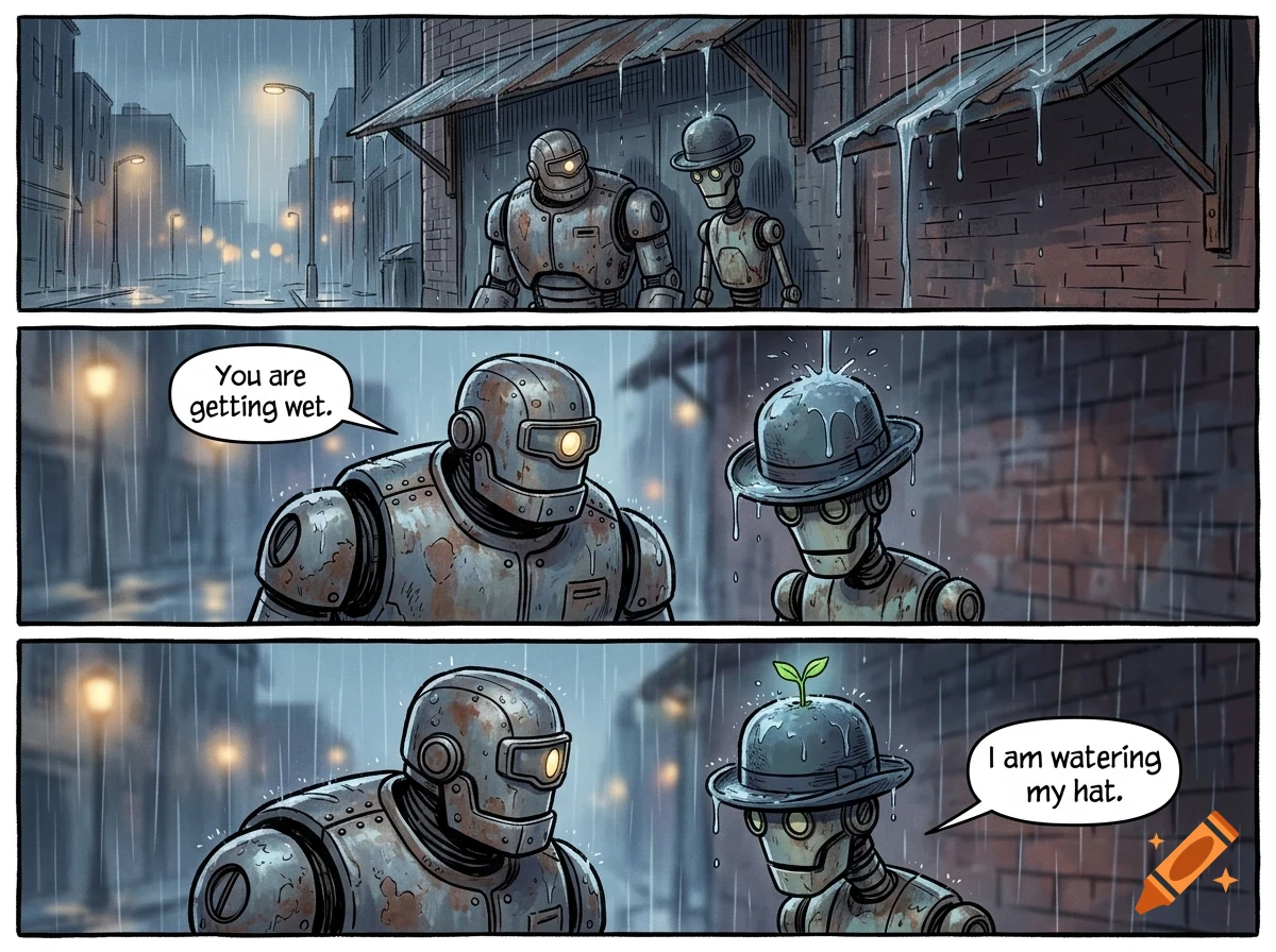 A comic strip showing two robots in the rain, with one robot telling the other it is watering its hat as a sprout grows.