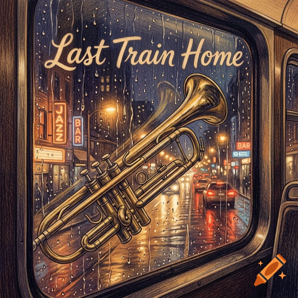 A brass trumpet rests against a rain-streaked train window, looking out onto a rainy city street at night with neon lights and cars.
