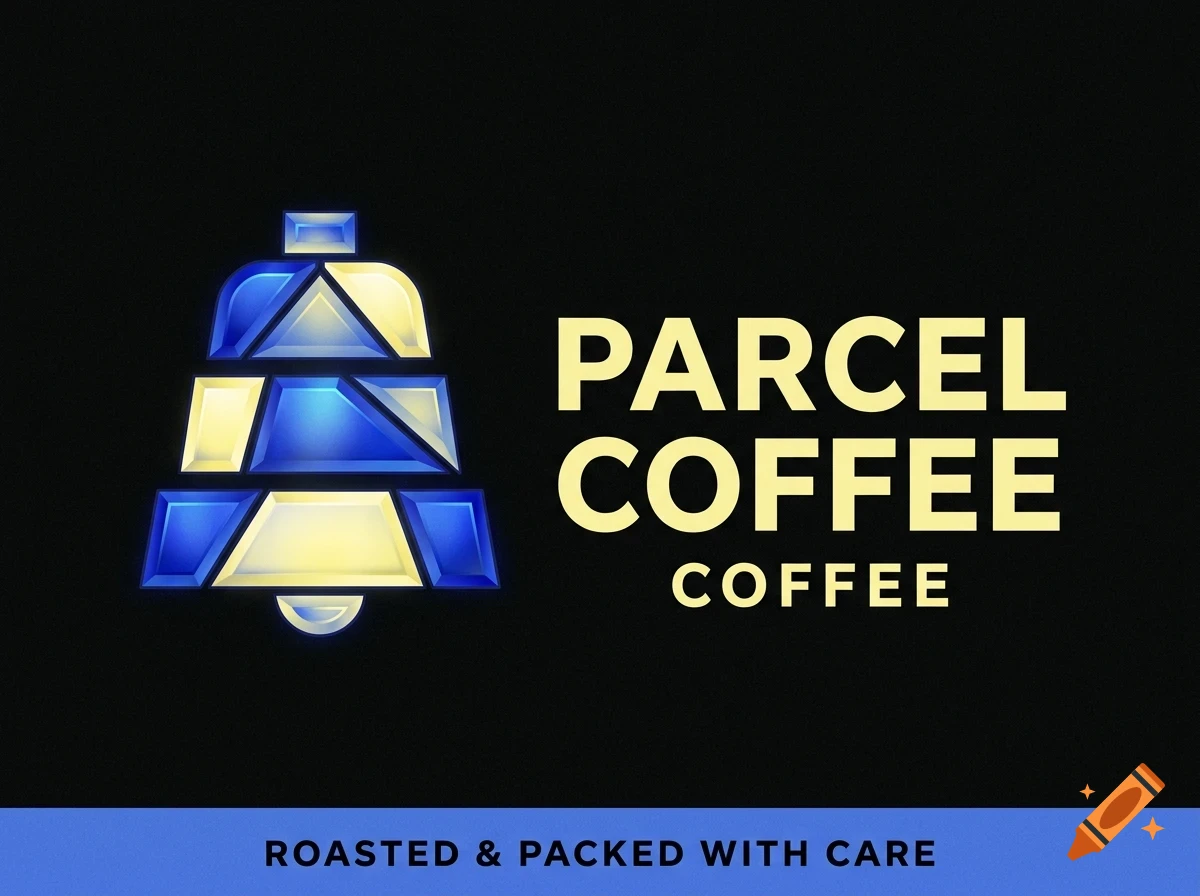A logo for Parcel Coffee featuring a blue and yellow segmented bell icon next to the text Parcel Coffee, with Roasted & Packed with Care below.