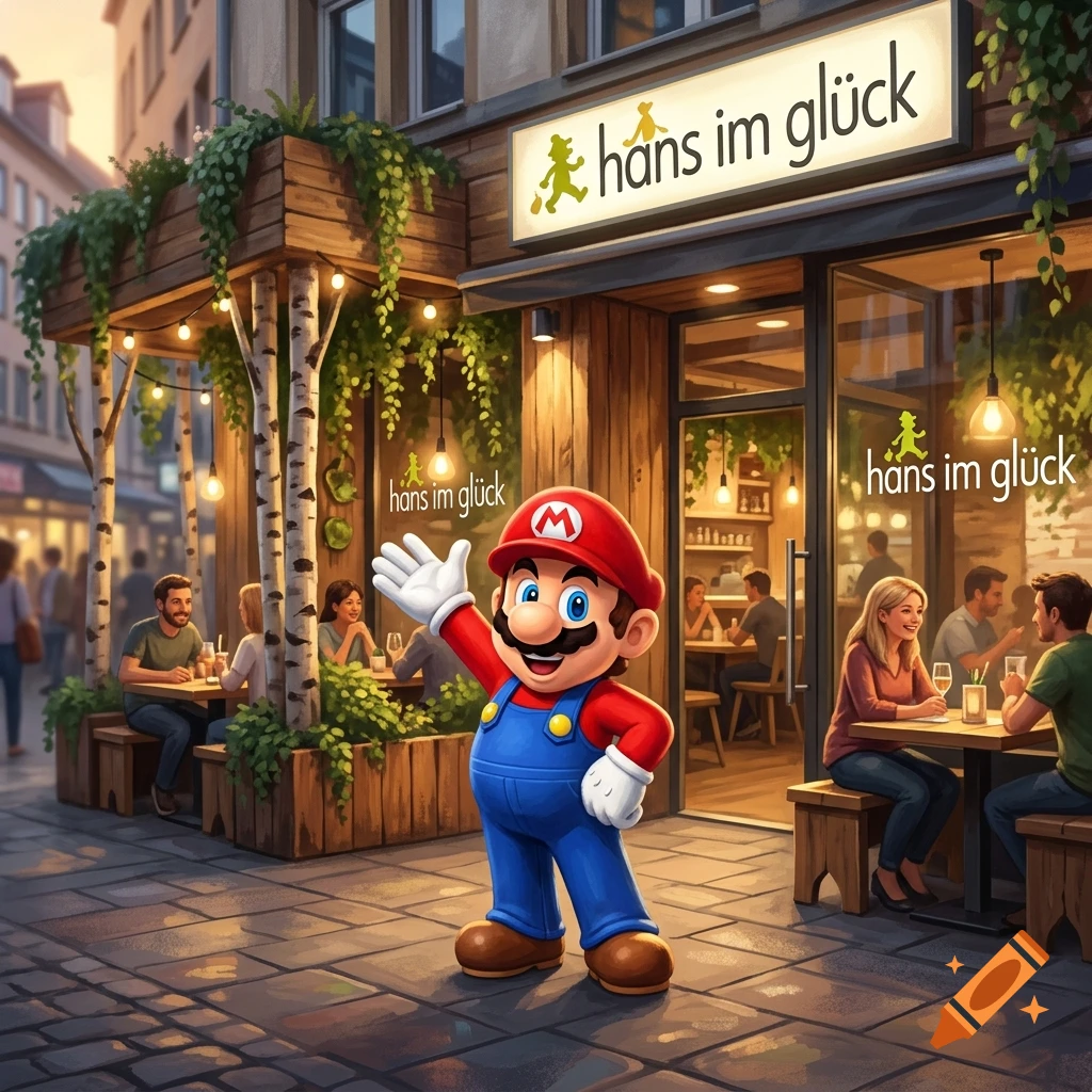 Mario in his iconic outfit waving in front of a German restaurant named Hans im Glück on a city street.