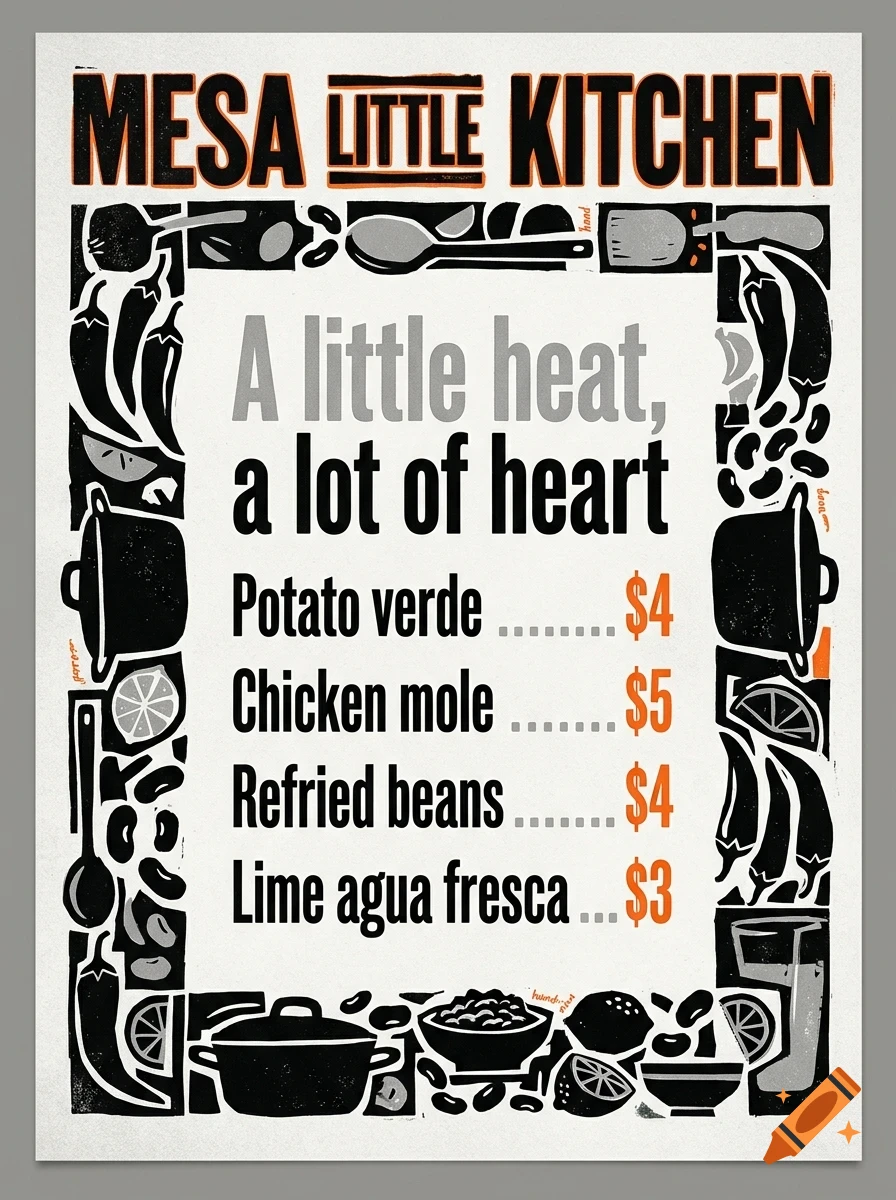A poster menu for Mesa Little Kitchen featuring lettering, food items, and cooking utensils.