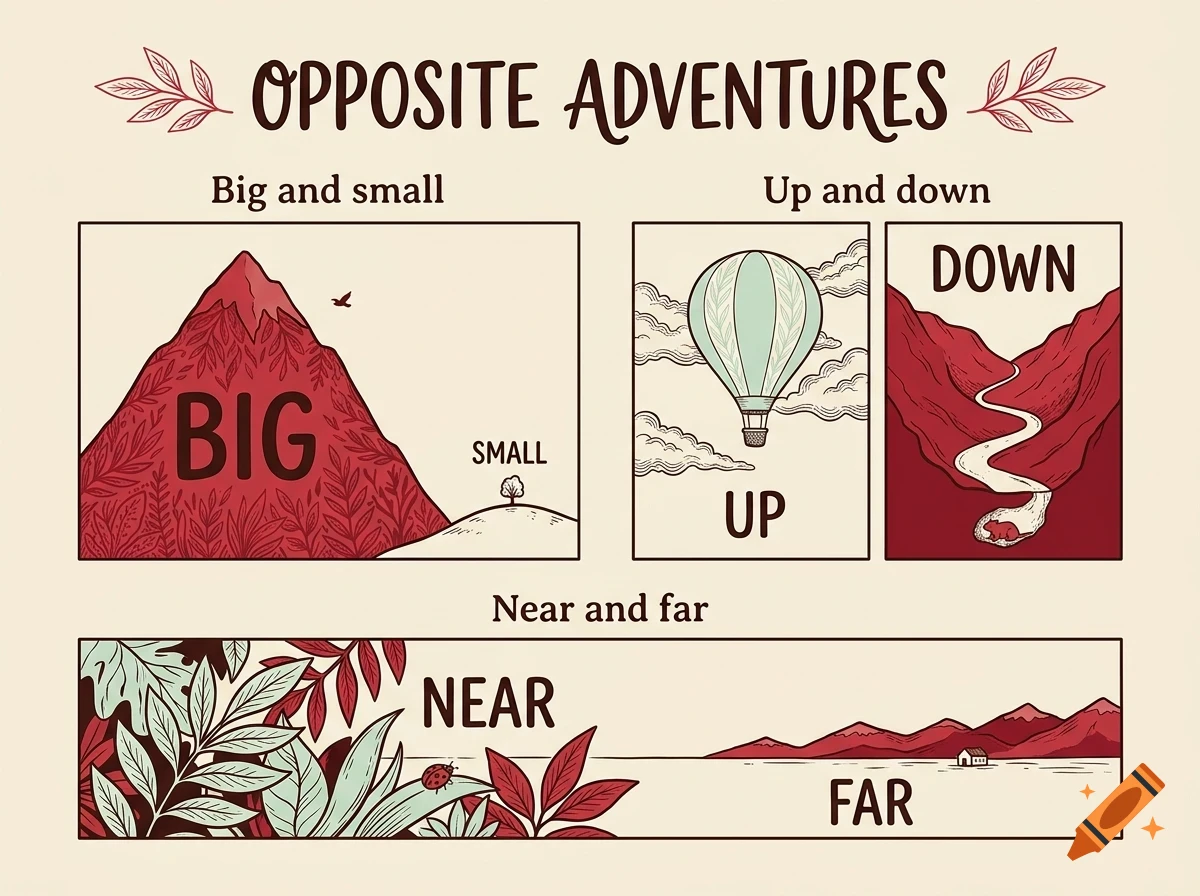 An educational illustration titled 'Opposite Adventures' depicting pairs of opposites like big and small mountains, up and down hot air balloon and canyon, and near and far plants and landscape.