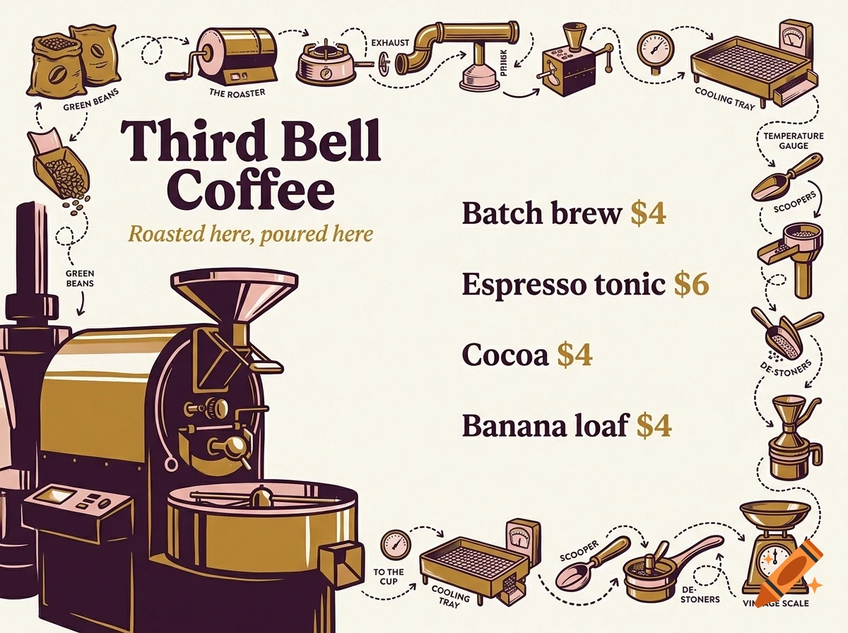 An illustrated coffee shop menu with a coffee roaster, process steps, and pricing.