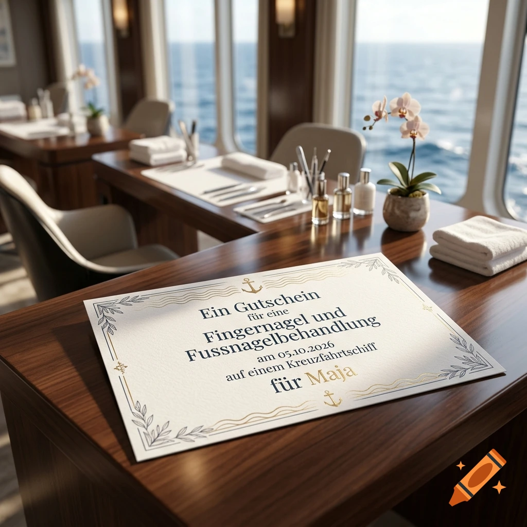 A voucher on a wooden desk inside a cruise ship spa with ocean view through windows, photorealistic.