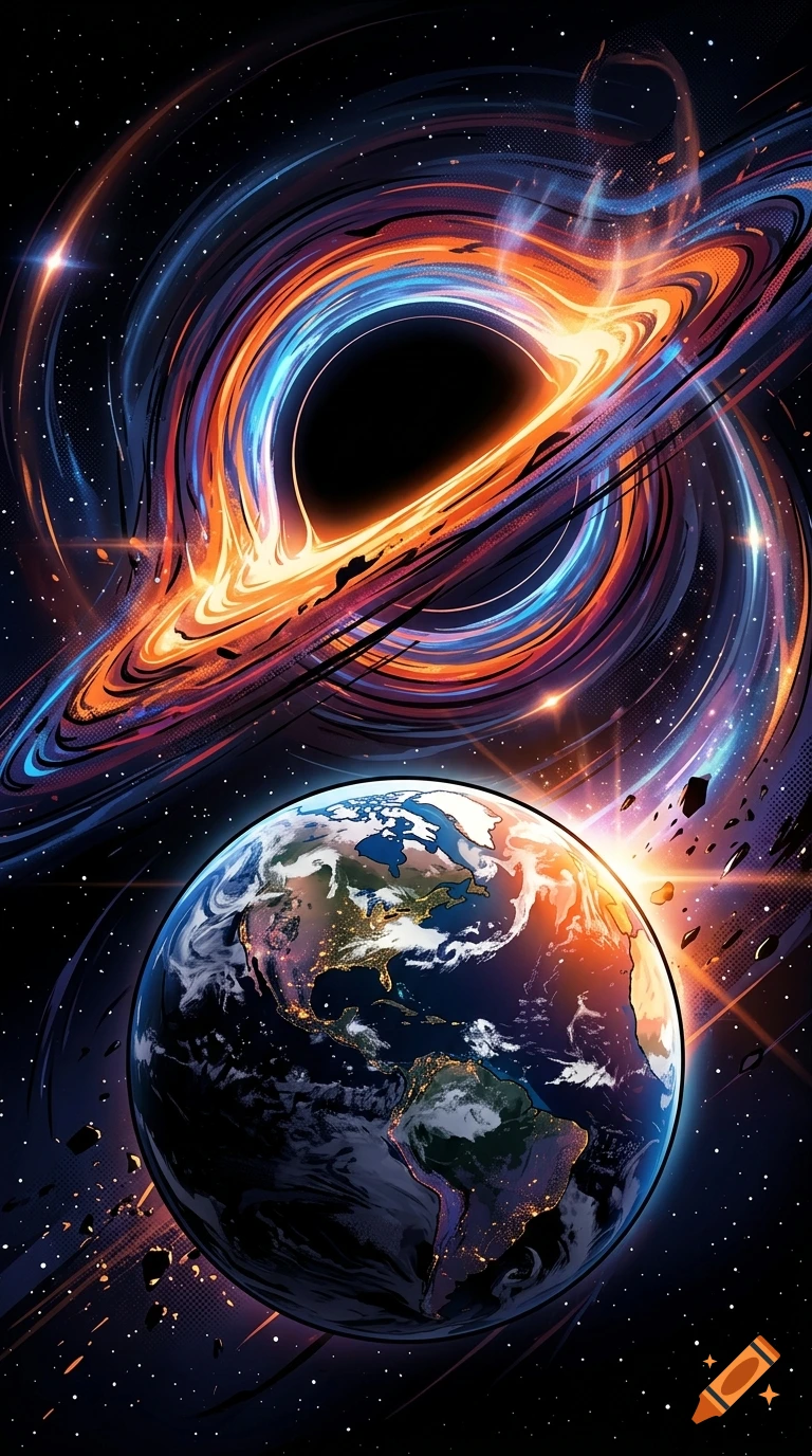 Comic-book style vector illustration of Earth in deep space with a gigantic black hole and glowing accretion disk.