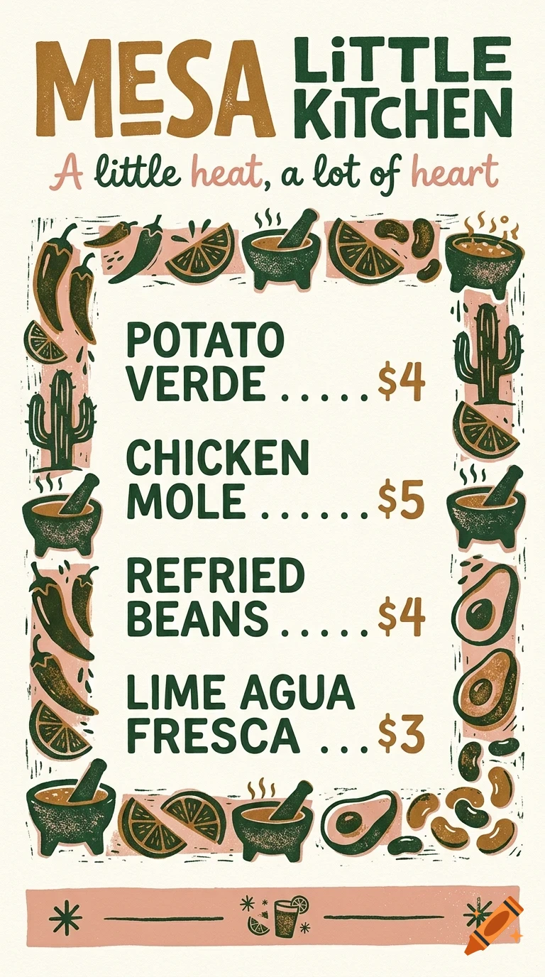An illustrated menu for Mesa Little Kitchen featuring dishes like potato verde and chicken mole, decorated with chili peppers, limes, and bowls.