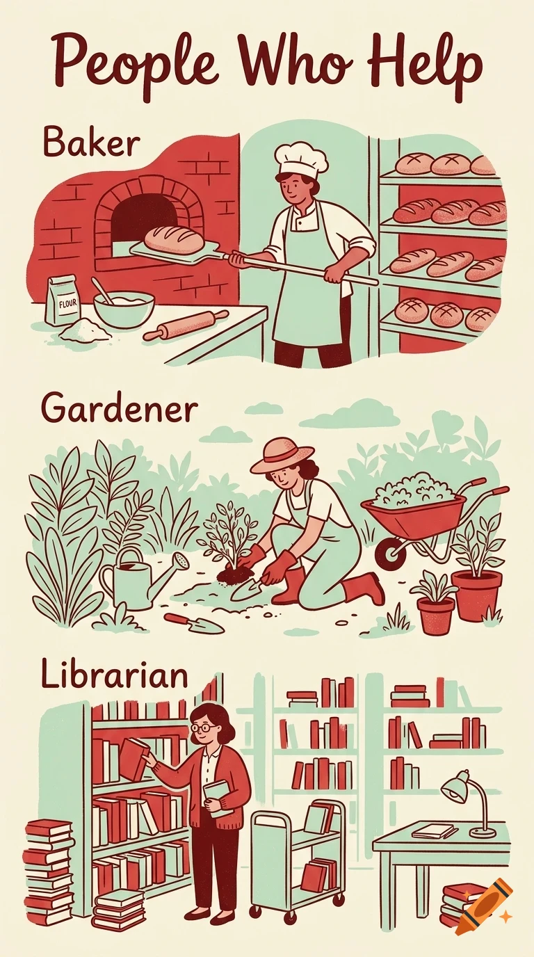 An illustrated educational poster titled People Who Help featuring three scenes of a baker, a gardener, and a librarian at work.