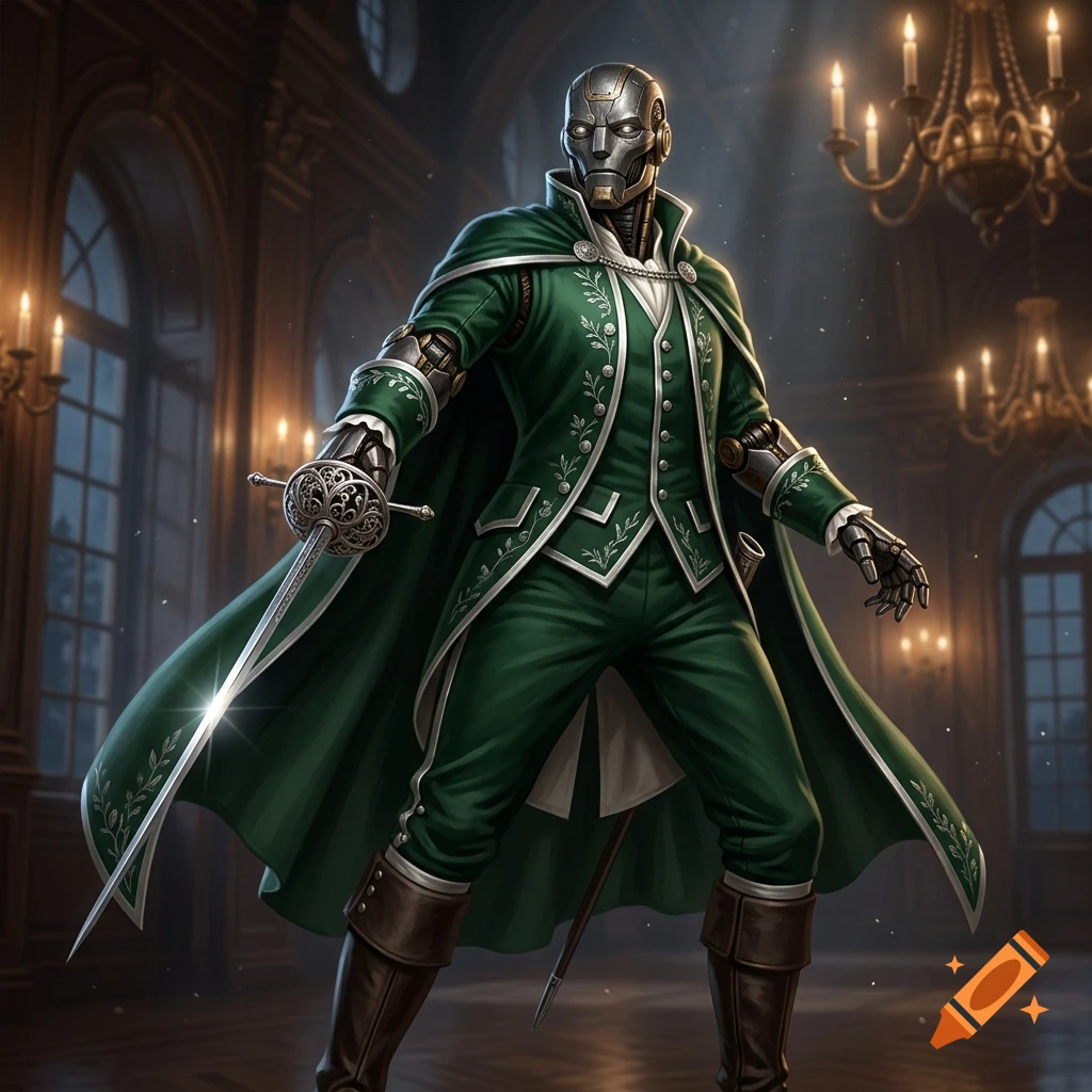 A digital illustration of a warforged cyborg with a metal face wearing an 18th century green coat, holding a rapier.