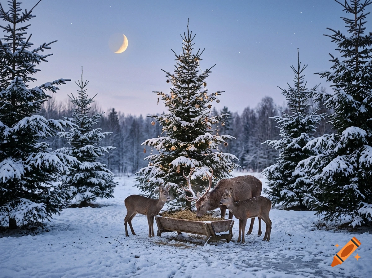 Photorealistic winter landscape at dusk with snow-covered pine trees, a crescent moon, and three deer eating hay from a wooden feeder.