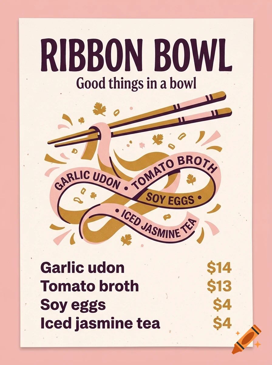 A poster for Ribbon Bowl featuring noodles, chopsticks, and menu items like garlic udon and tomato broth.