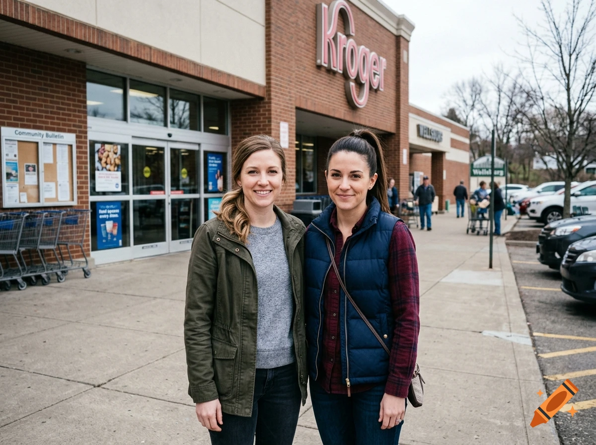 Two women with ponytails standing outside a Kroger store entrance, photorealistic.