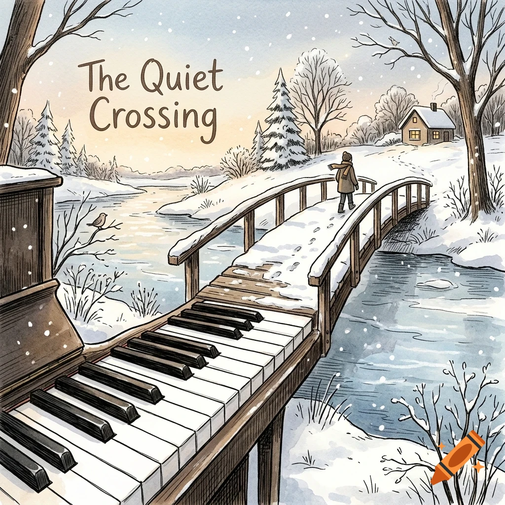 An illustration of a person walking across a wooden bridge over a stream in a snowy winter landscape, with piano keys forming the beginning of the bridge.
