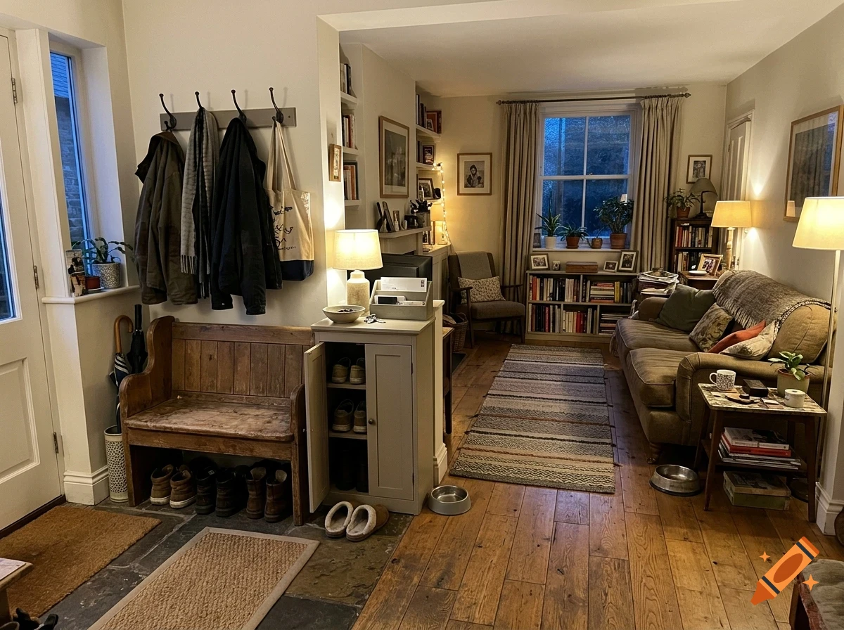 A cozy, warmly lit interior of a home with a wooden bench, a shoe cabinet, a couch, bookshelves, and various decor items on a hardwood floor.