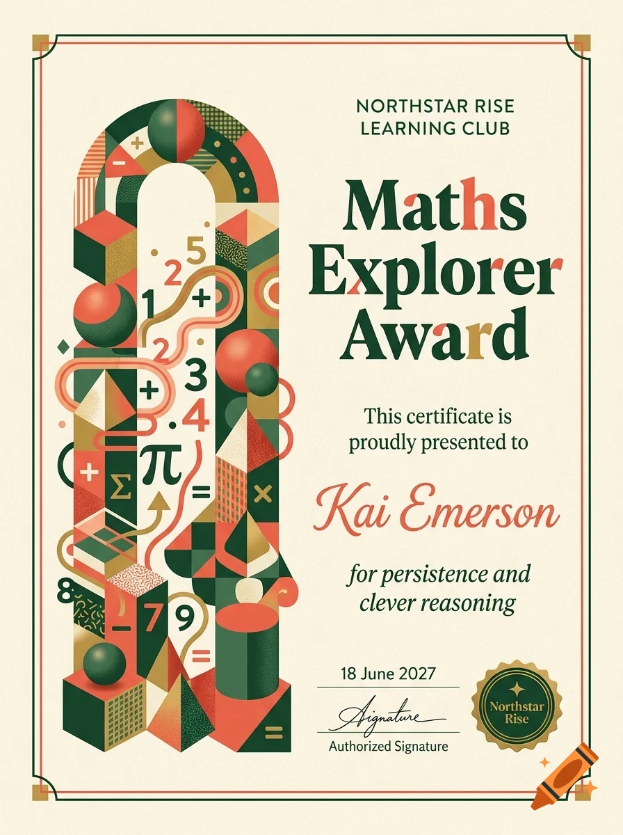 An award certificate titled Maths Explorer Award featuring geometric math graphics and typography.
