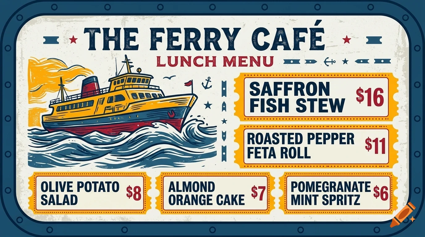 Illustrated vintage menu for The Ferry Café featuring a ferry boat and lunch items with prices.