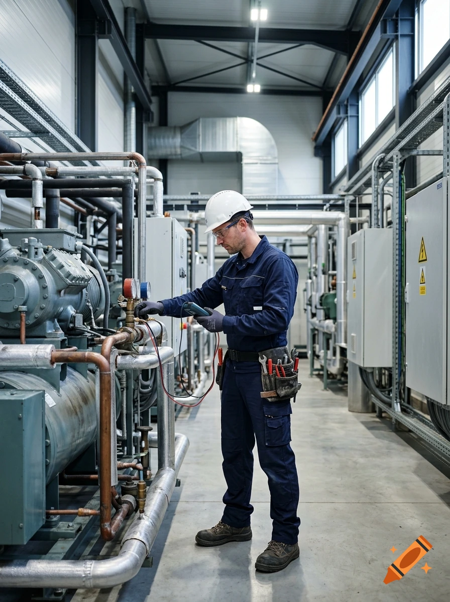 A photorealistic industrial scene of a refrigeration technician working on a large cooling system in a facility.