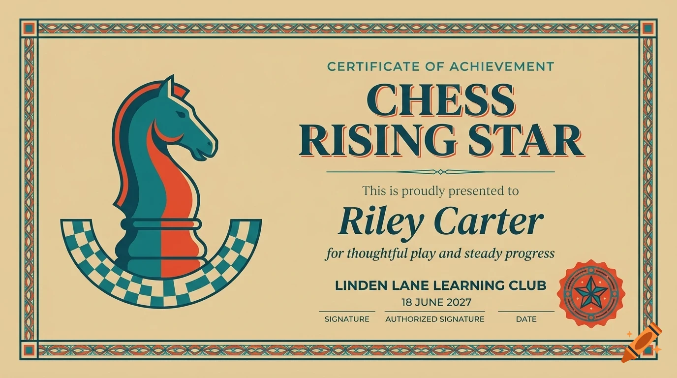 Certificate of achievement for a chess rising star featuring a chess knight piece illustration.