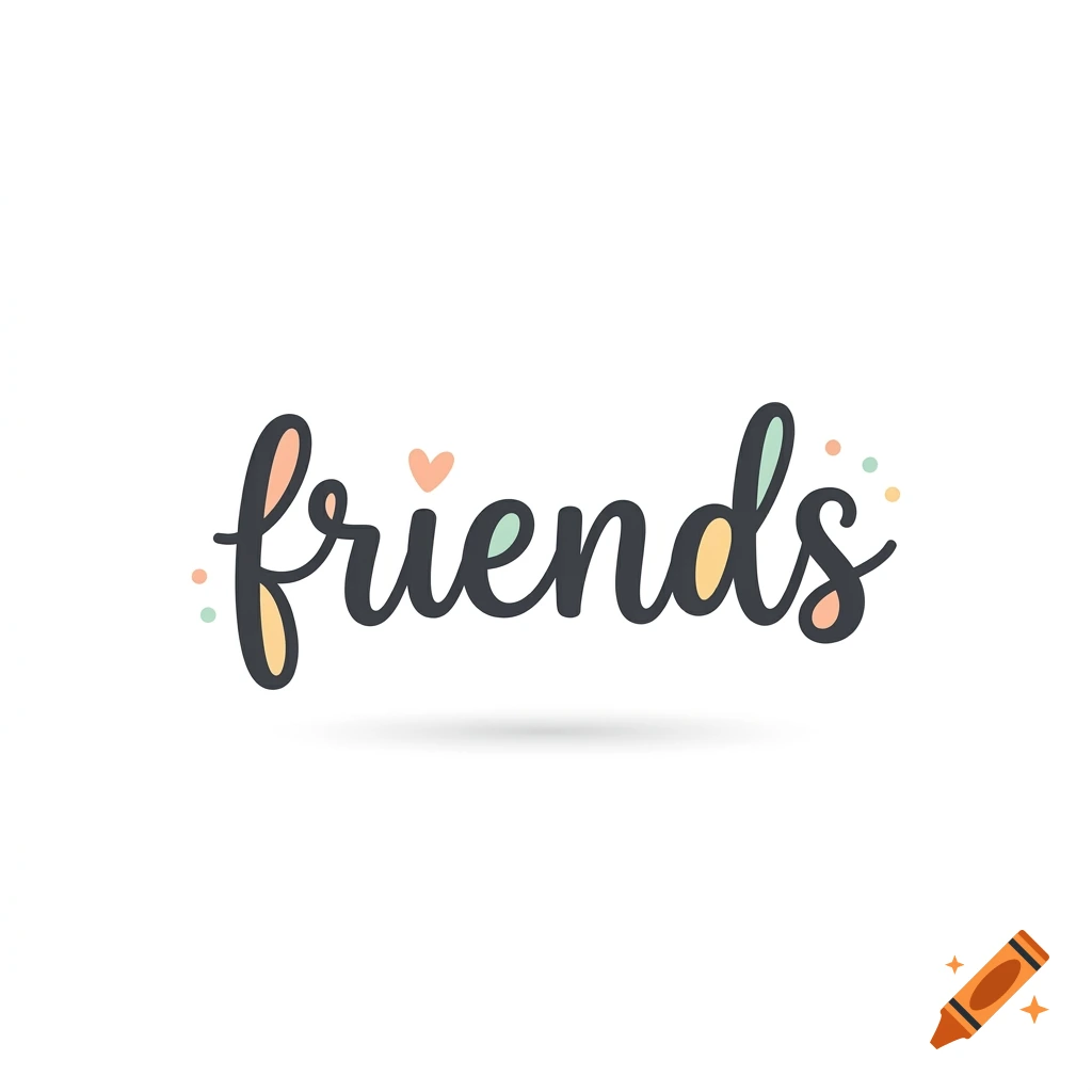 The word friends in a playful handwritten font with pastel-colored accents against a white background.