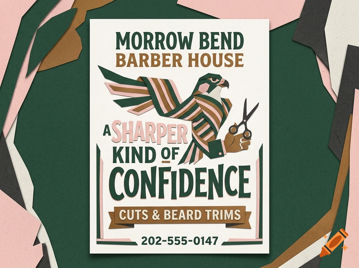 A stylized poster for Morrow Bend Barber House featuring a falcon made of ribbons holding scissors, with the text 'A sharper kind of confidence' and a phone number.