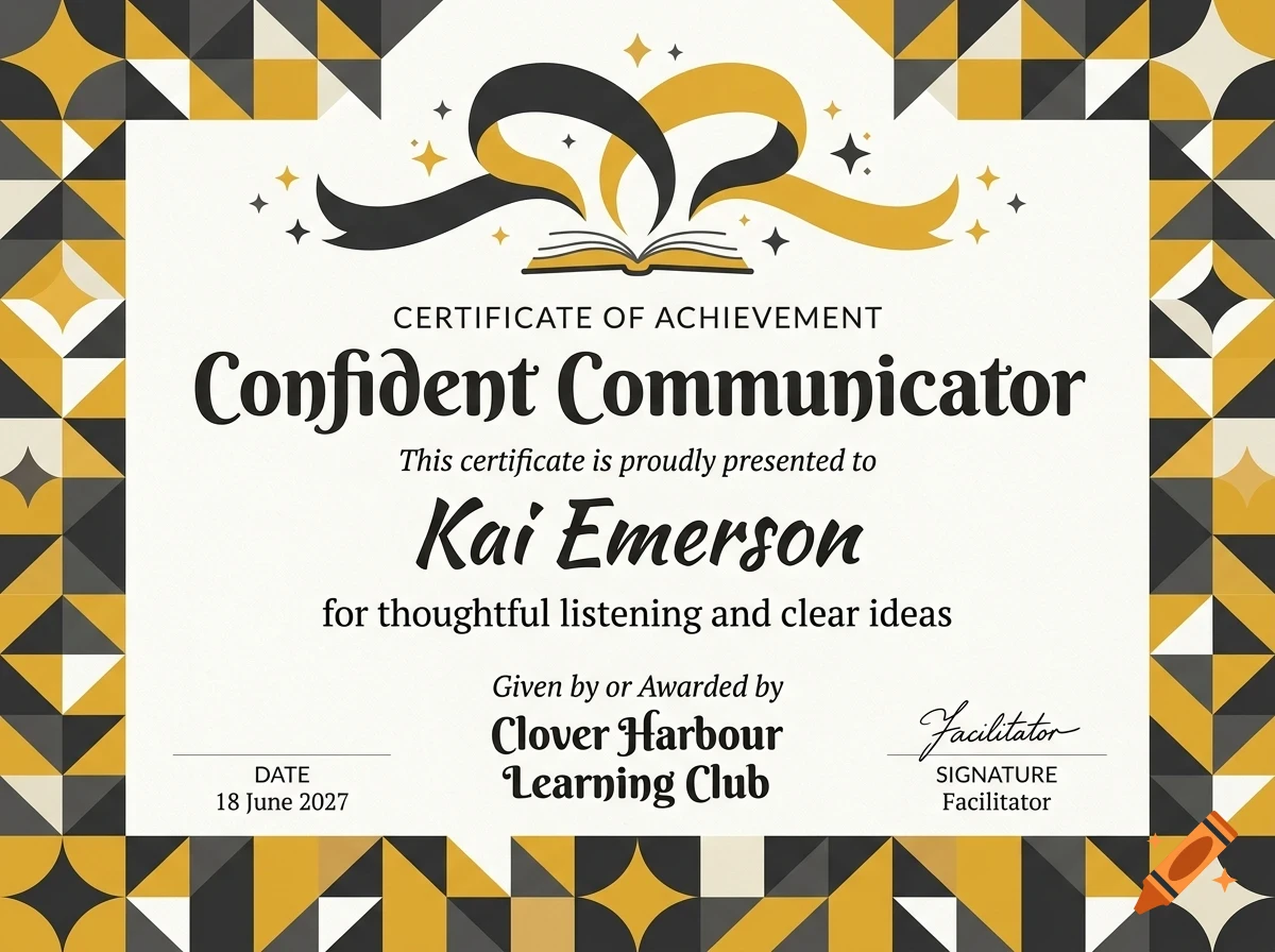 Certificate of achievement titled Confident Communicator with geometric patterned border in yellow, black, and white.