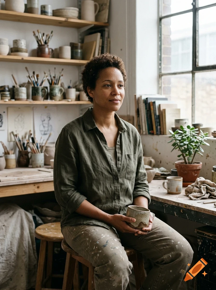 A woman holding a ceramic cup in a pottery studio.