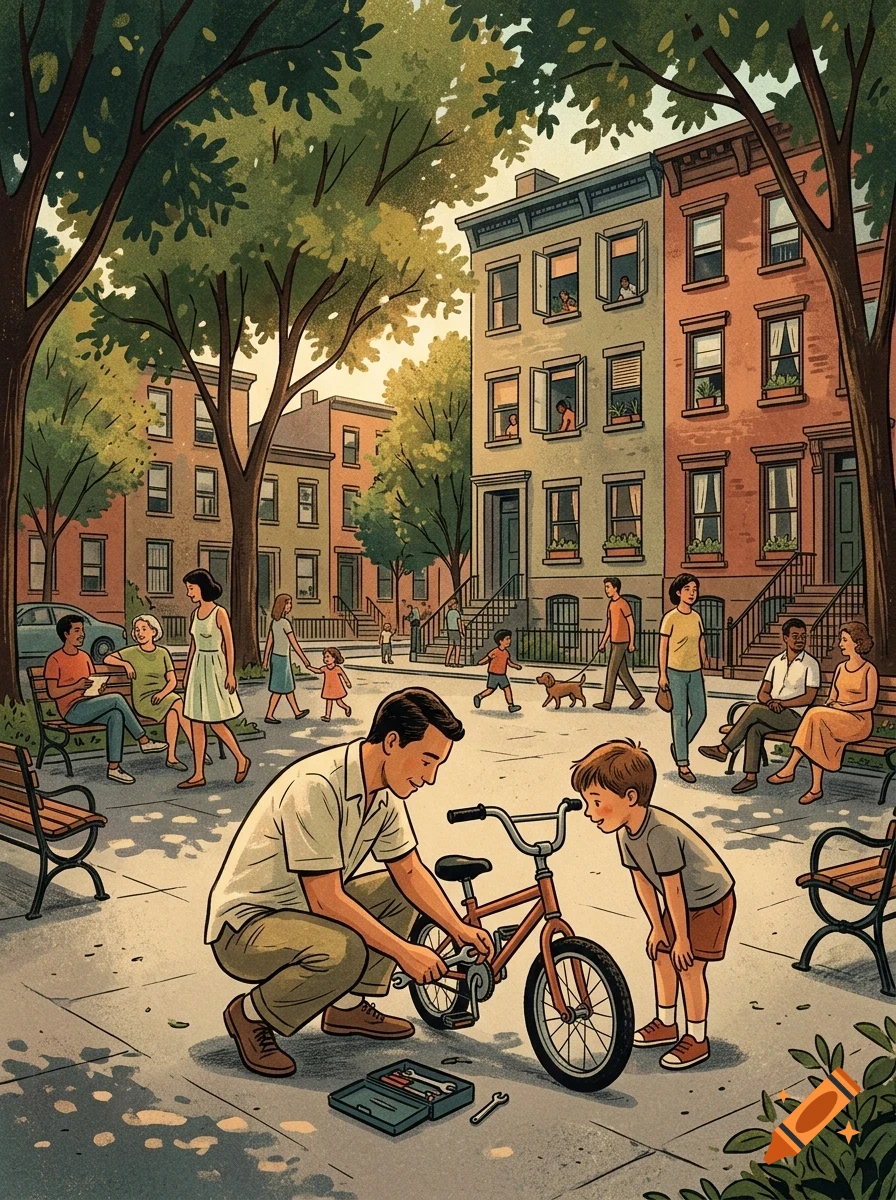 An illustration of a man helping a young boy fix his bicycle outdoors in a city neighborhood with people walking and sitting on benches.