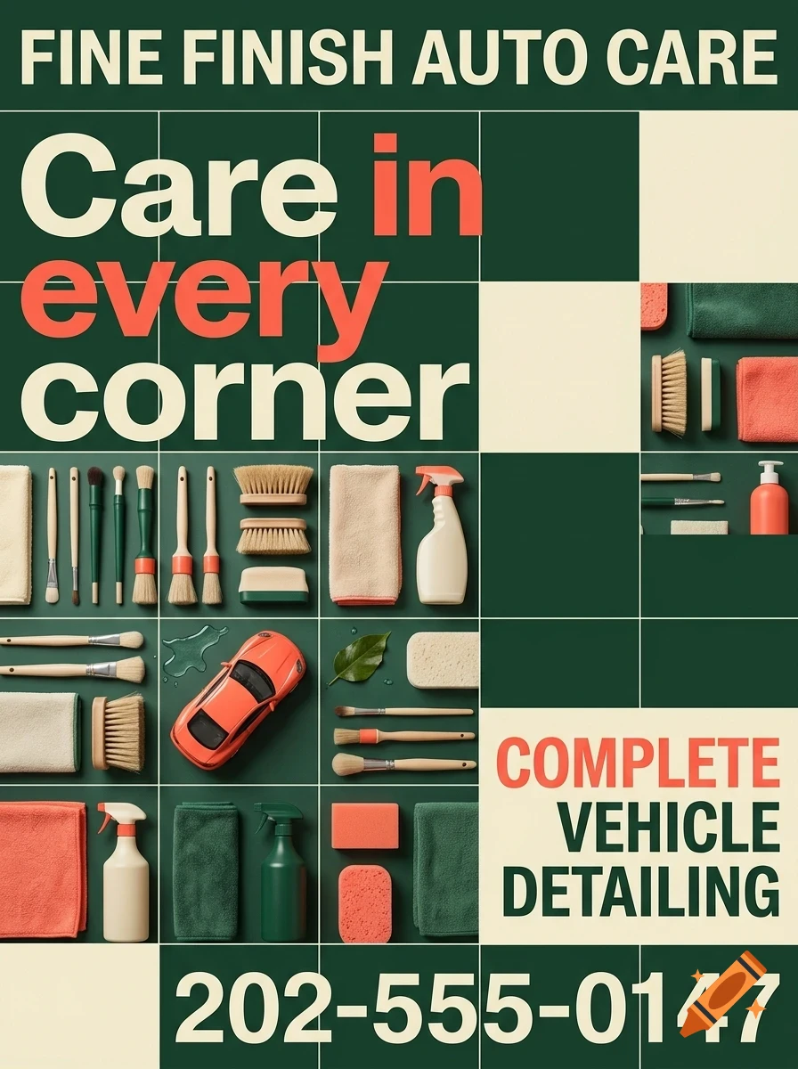 An advertisement for auto care featuring car detailing supplies arranged in a grid, with the text Fine Finish Auto Care.