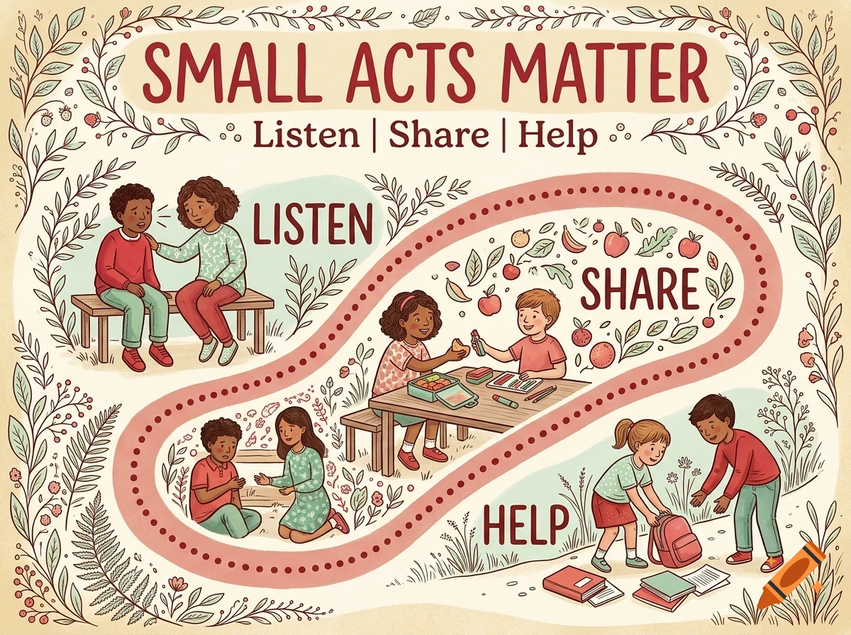 An illustrated educational poster titled Small Acts Matter showing children demonstrating listen, share, and help behaviors.