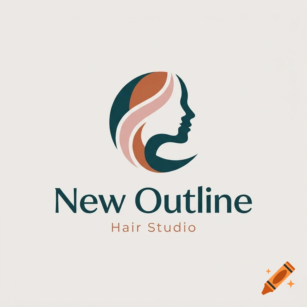 A logo for New Outline Hair Studio featuring an abstract profile of a woman with stylized hair in teal, terracotta, and pink.